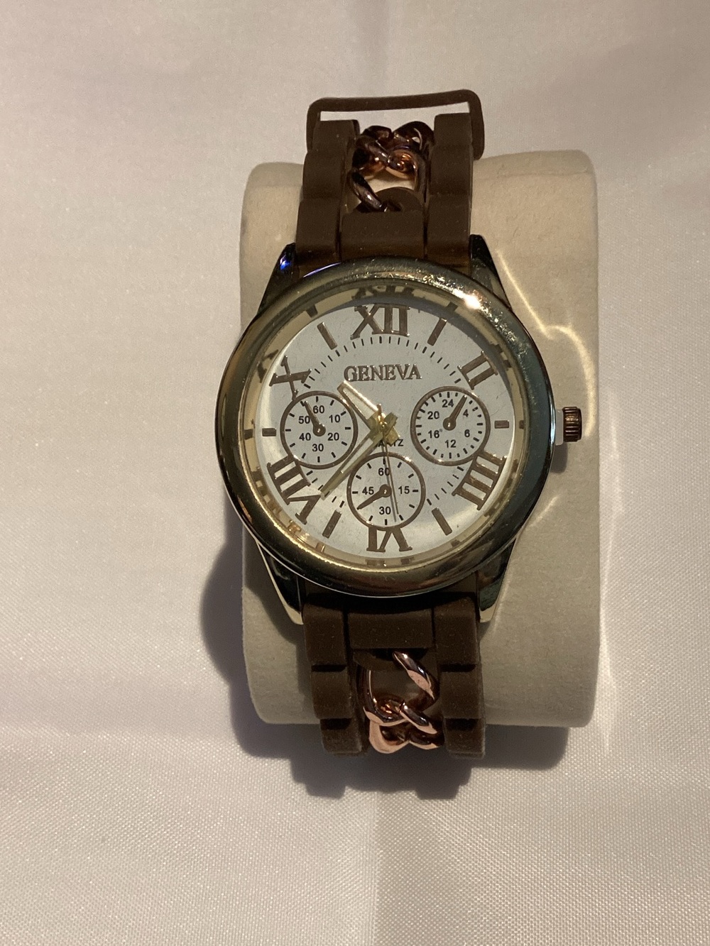Geneva Brown Silicone Strap Men’s Watch with Rose-Gold Accents